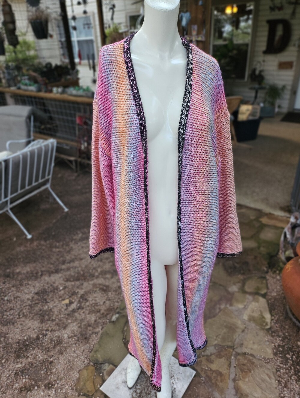Listicle Hand-Knit Pastel Gradient Open Long Duster Cardigan Sweater Pink Size M
